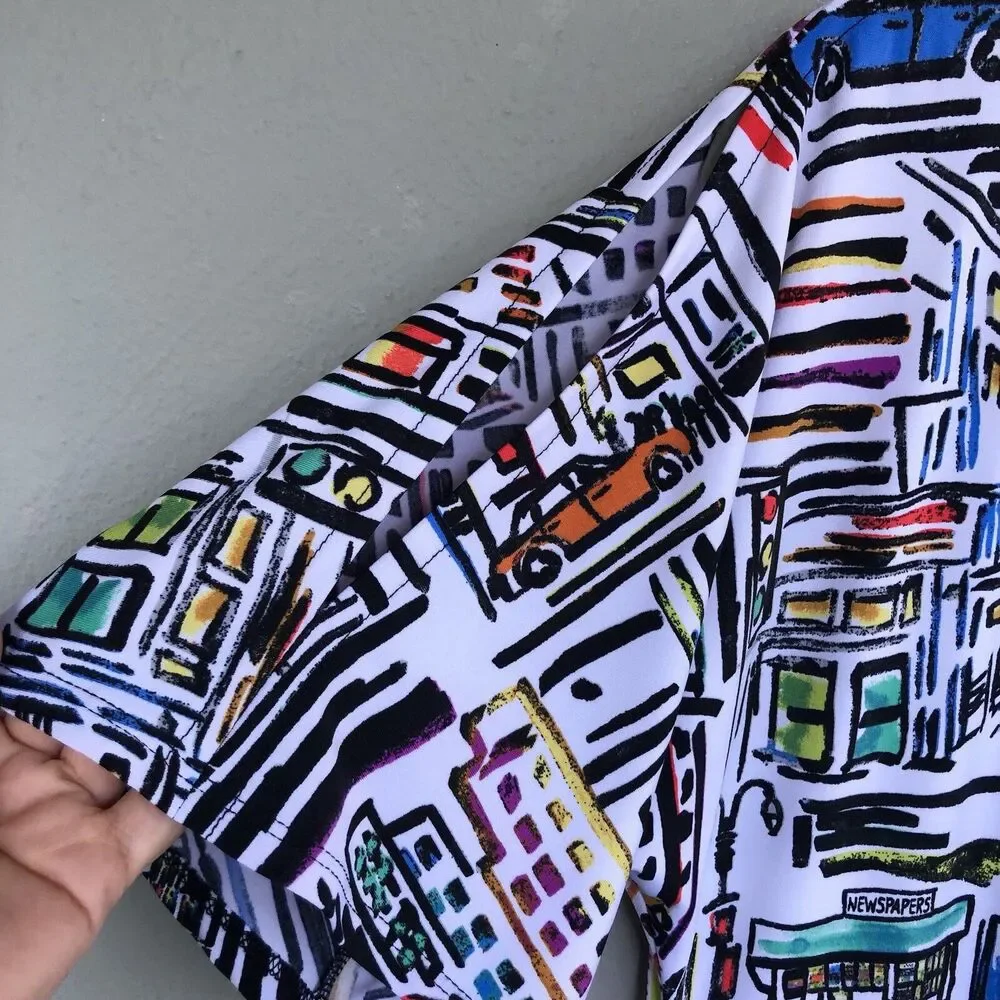 Joseph Ribkoff Dress Size 14/XL Black City Print Jersey Stretch Artsy Whimsical